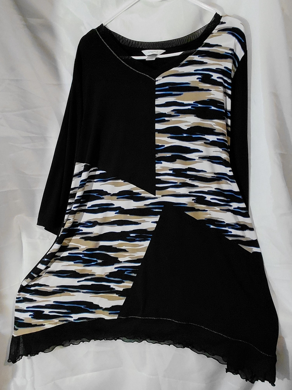 CJ Banks Black Tunic with Blue, Beige & White Abstract Panels